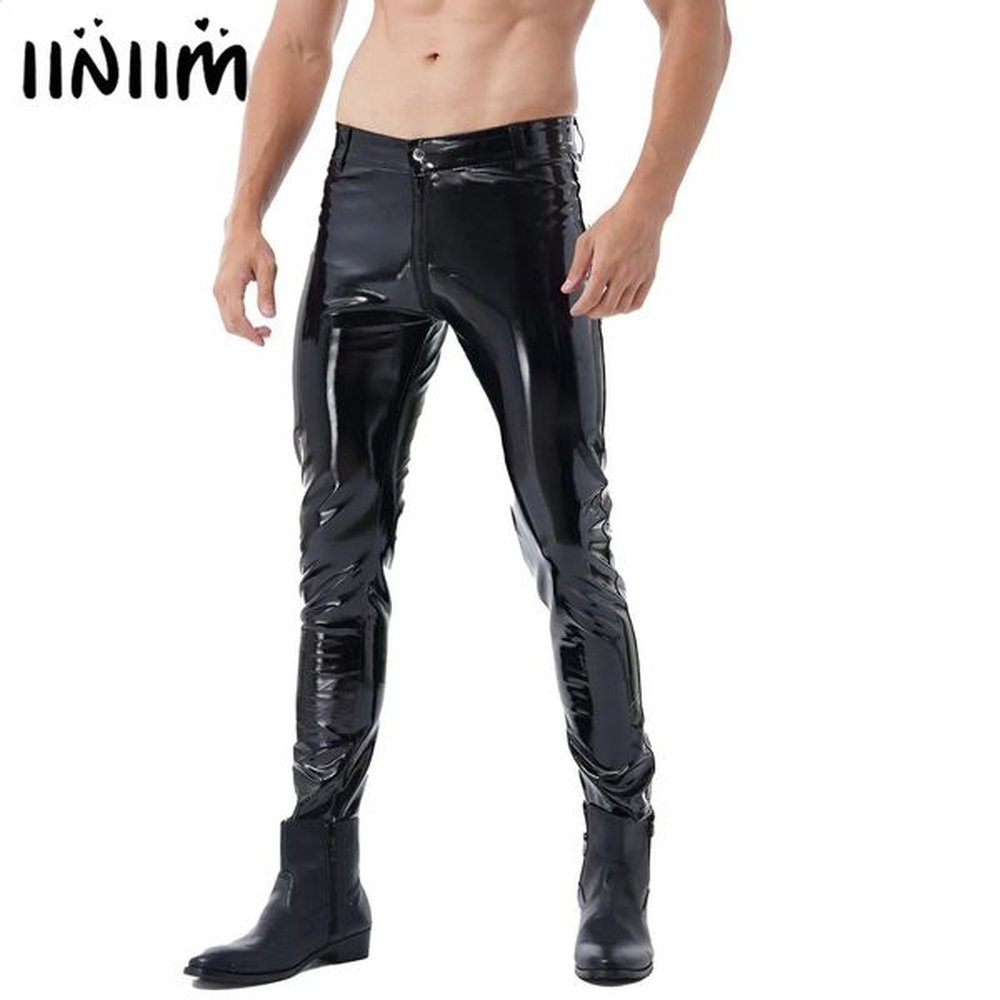 Men's Wet Look Leather Crotchless Zipper Pants | Fashion Nightclub Performance Costume Trousers