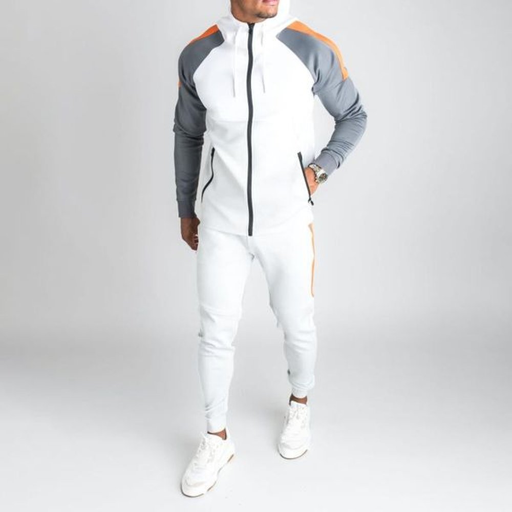 Men's White Polyester Tracksuit Jogging Suit - Long Sleeve V-Neck Running Sweatsuit For Spring & Autumn Workout B1