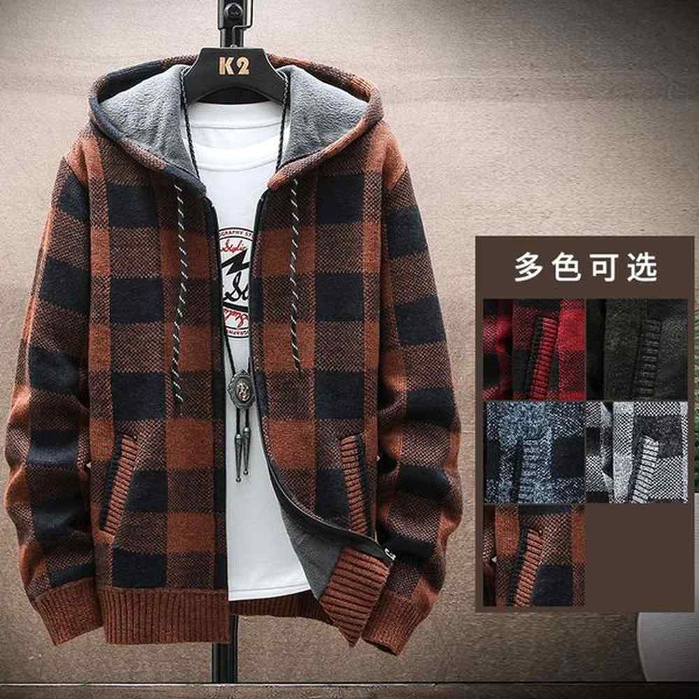Mens Winter Plaid Sweater Hooded Cardigan Cold Coat Wool Zipper Jacket Autumn Fleece Warm Clothes Checkered Knit Jumper 241112