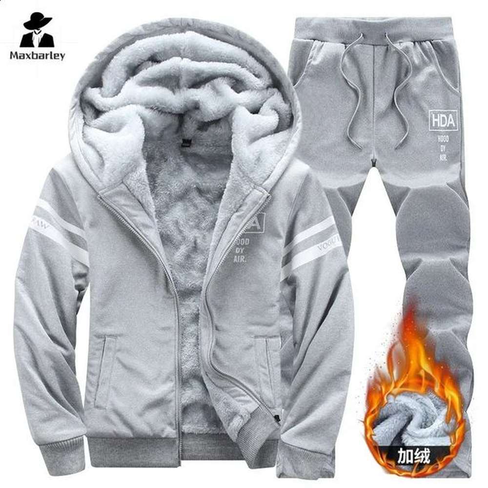 Mens Winter Set 8XL Track Suit Hoodie Casual Warm Sports Sweater Thick Wool Jacket Pants 2P Moleton Masculino 241014