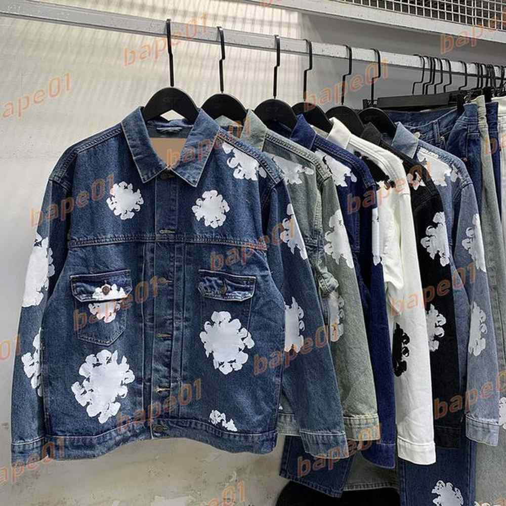 Mens Womens High Quality Denim Jacket Flower Print Coat Blue White Black Jacket Hip Hop Style Loose Vintage Coats For Men And Women
