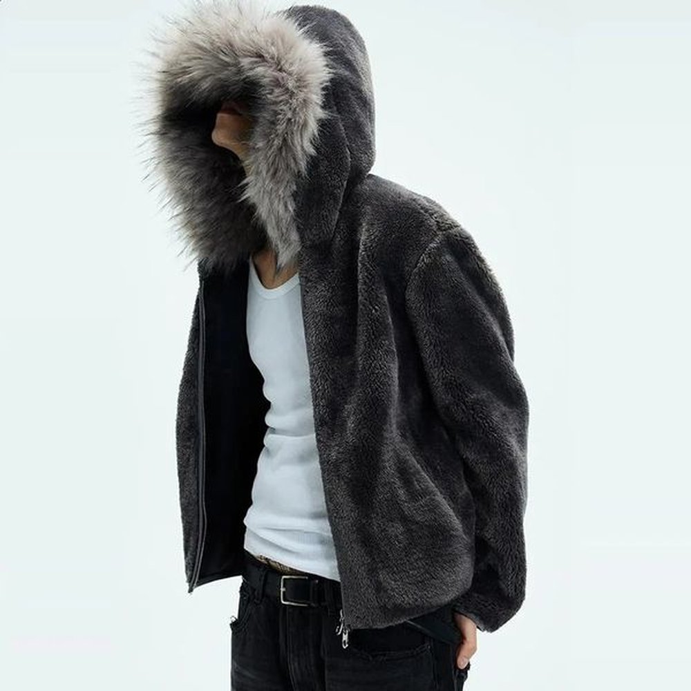 Mens Y2k Jacket Hooded Fur Thick Warm Neutral Coat Autumn Winter Fashion Casual Loose Trend All-Match Coat Sweater Mens Clothing 241121
