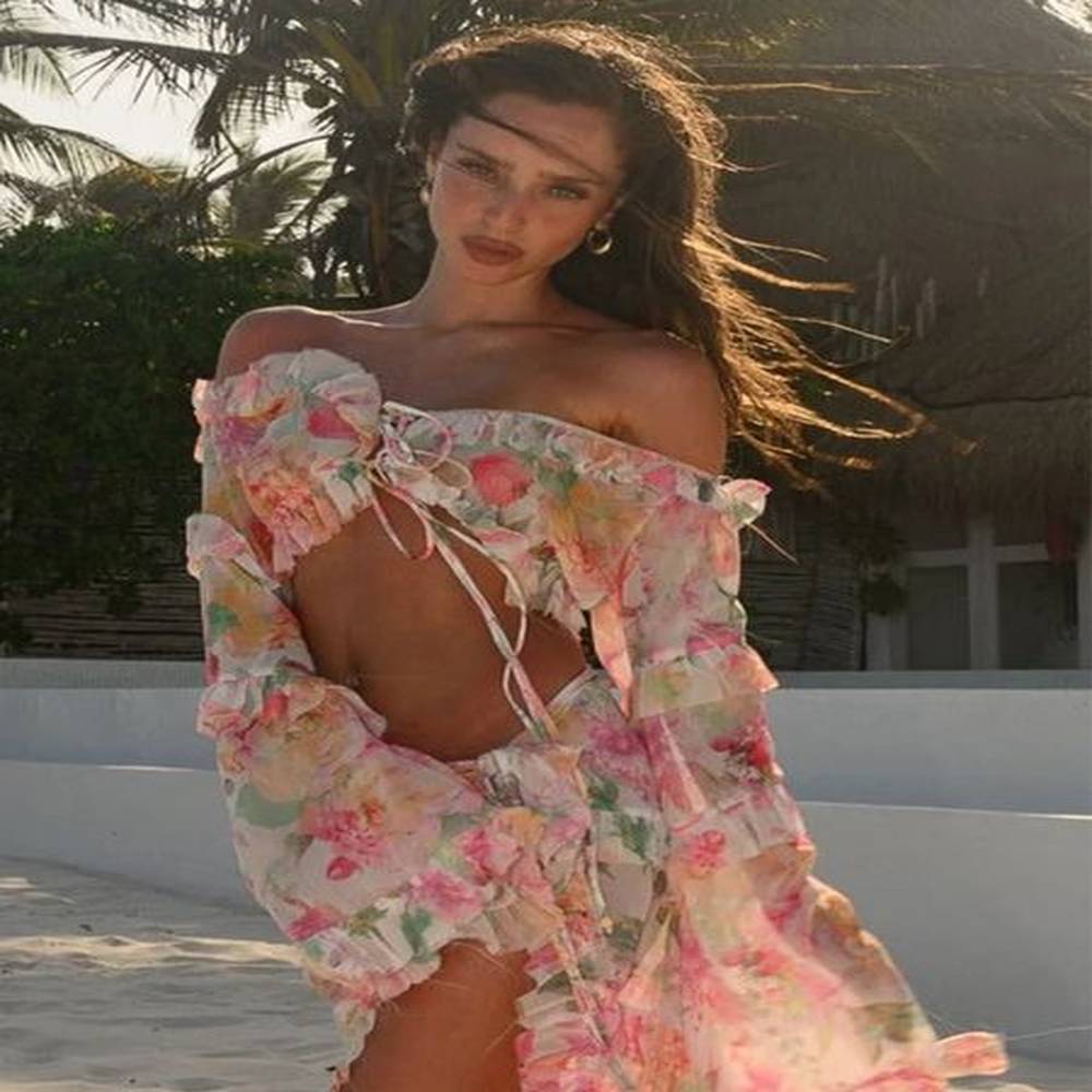 mesh cover ups sexy bikini set women long sleeves ruffled