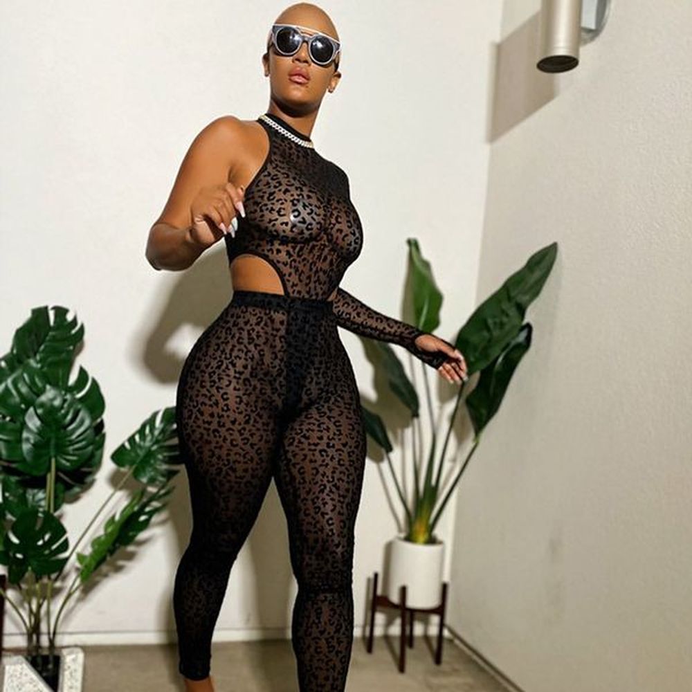 mesh leopard perspective jumpsuit piece set womens clothes irregular