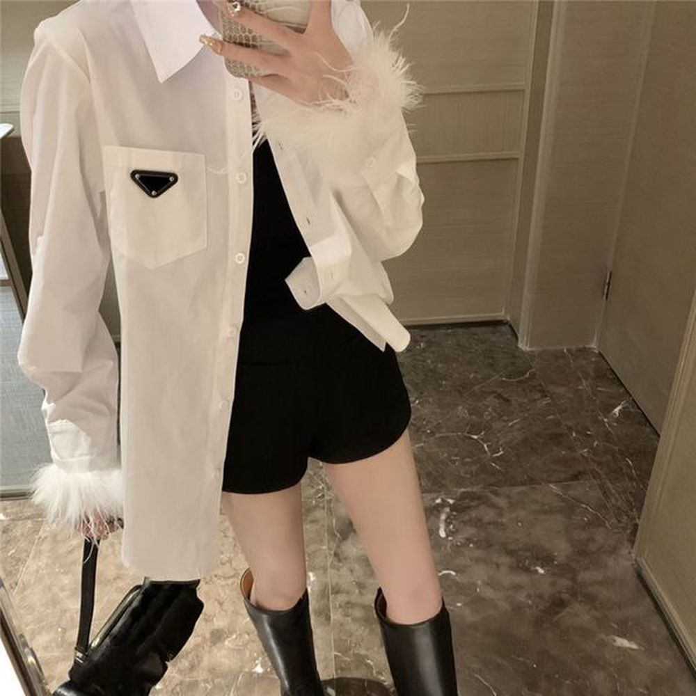 metal badge womens cardigan shirts feather sleeves white blouse tops