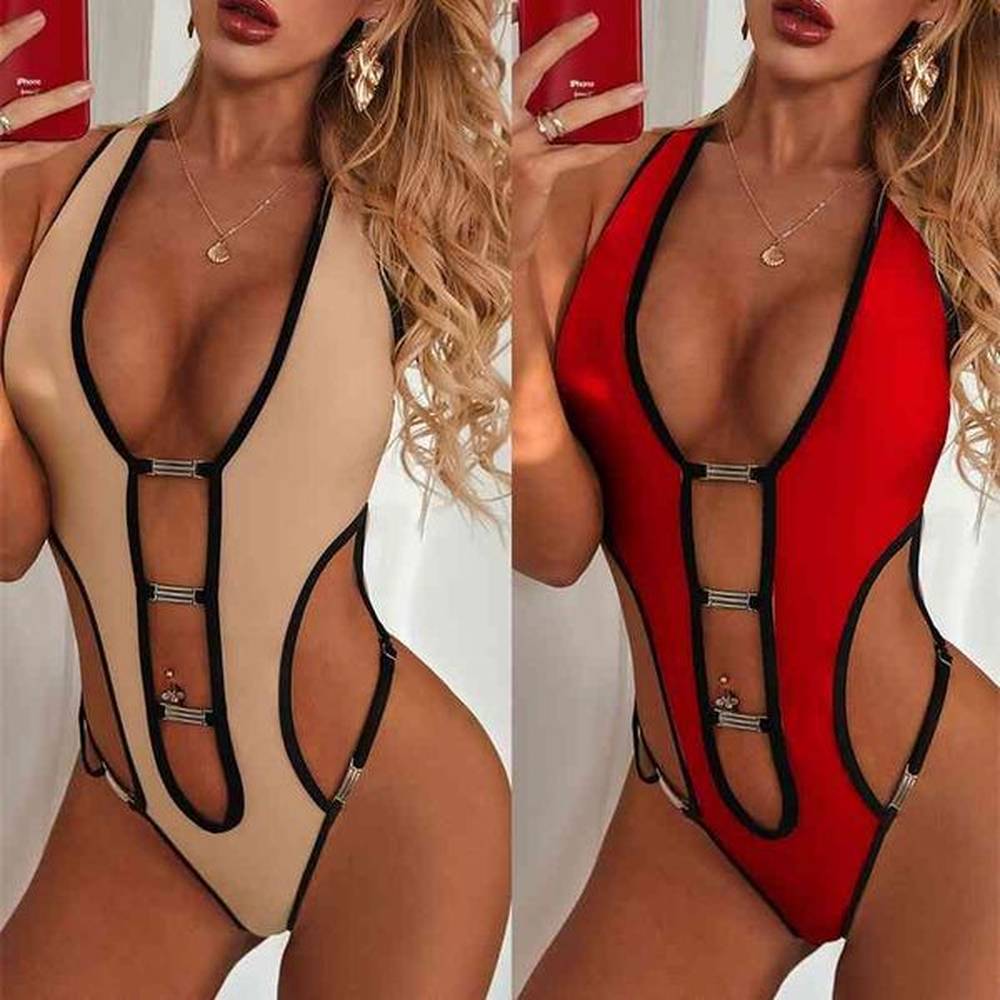 metal buckle swimsuit sexy lowcut hollow out beach bodysuit bikini