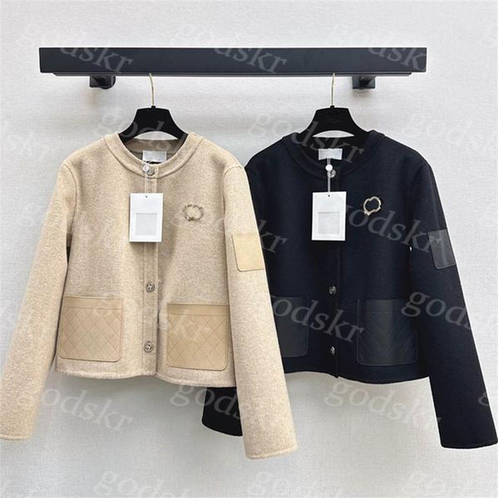 metal logo brooch coat women leather patchwork diamond check pocket