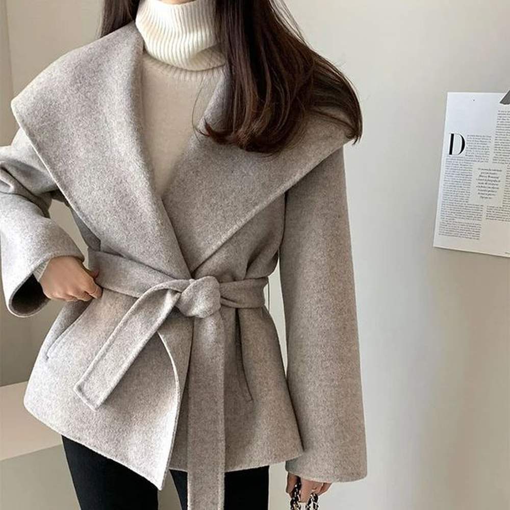 mexzt elegant wool blends coats women black bandage woolen jackets