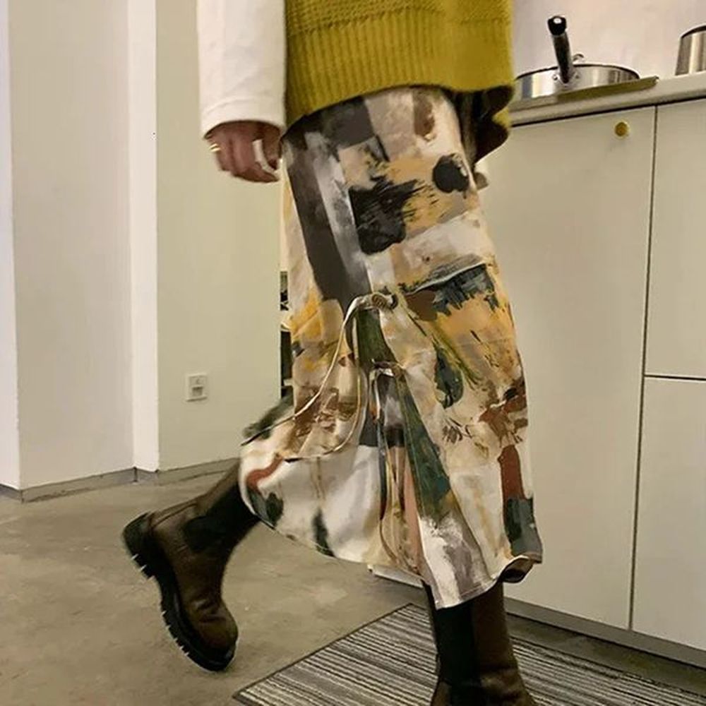 mexzt tie dye oil painting skirts women harajuku straight slit