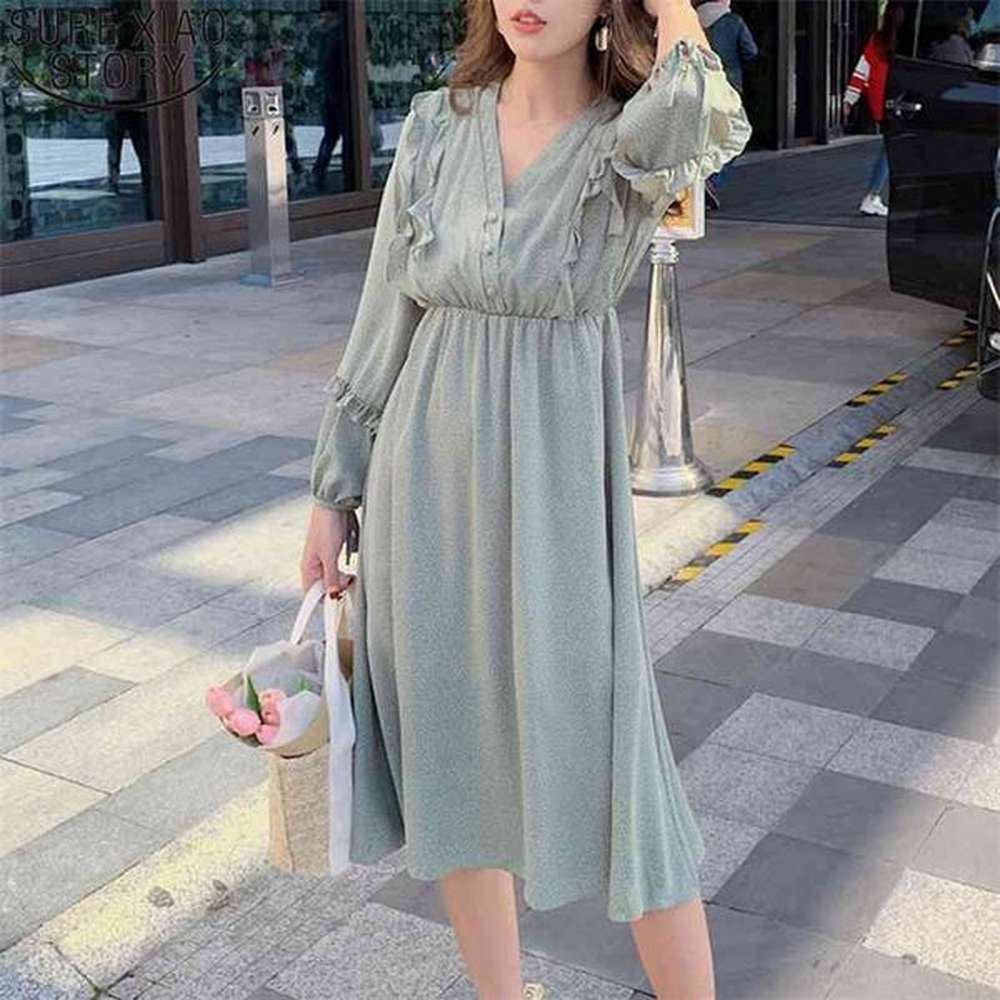 midi long chiffon dresses spring women dot print sweet vneck
