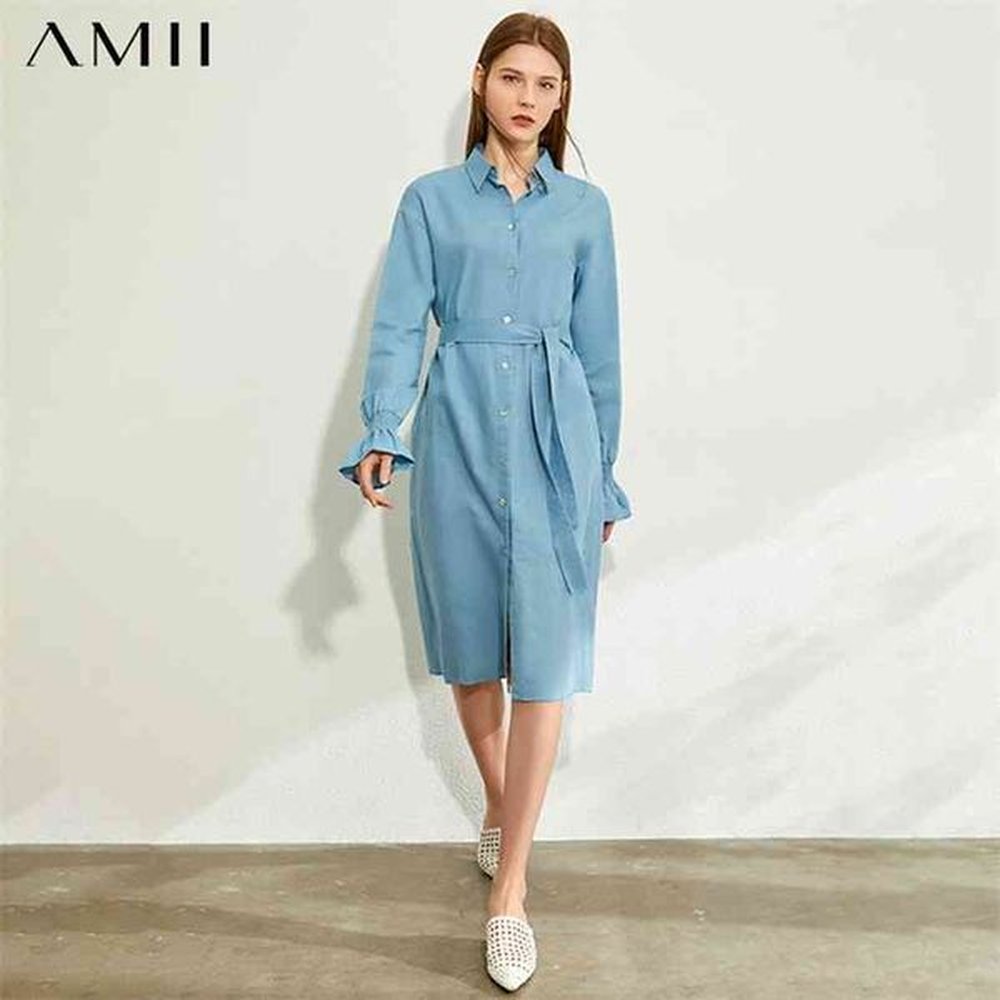 minimalism autumn fashion lapel solid women dress causal singlebreasted belt