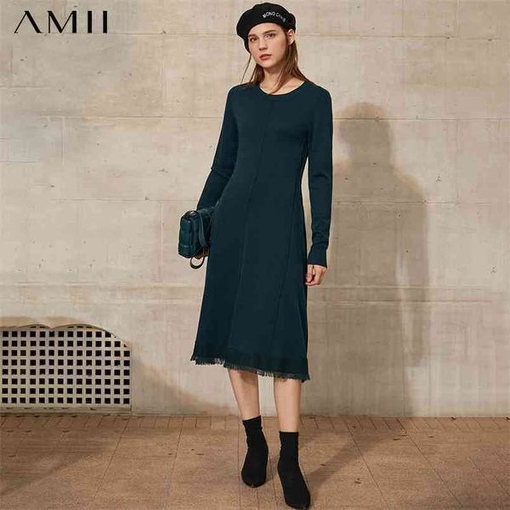 minimalism spring autumn womens dress causal oneck slim fit calflength