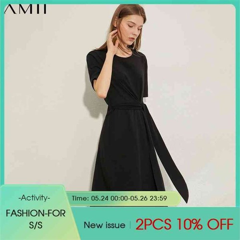 minimalism spring summer fashion bow solid womens dress causal oneck