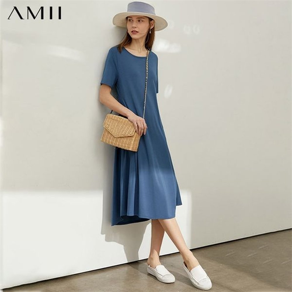 minimalism summer daily solid oneck womens dress offical lady cotton