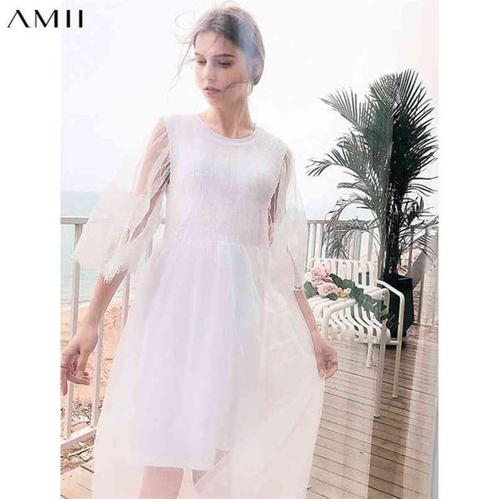 minimalism summer temperament womens dress holiday lace patchwowrk oneck aline