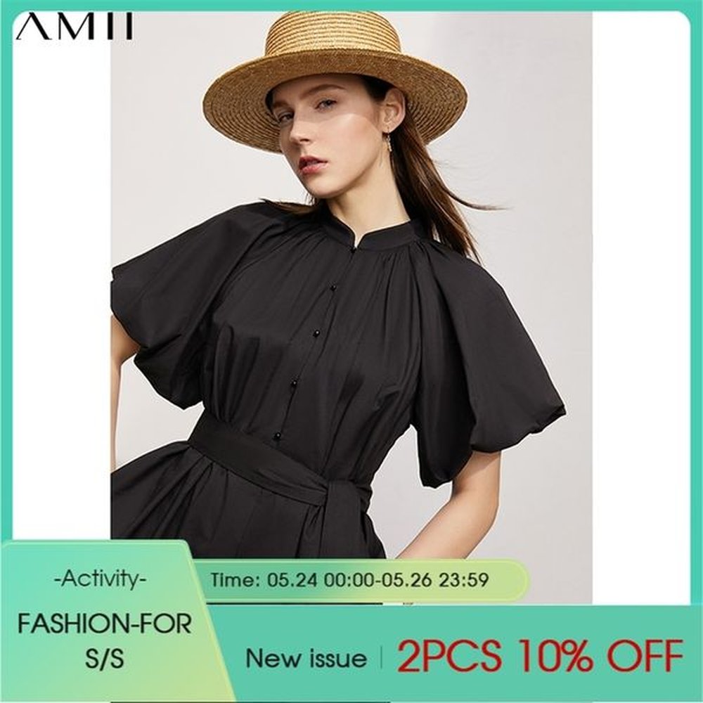 minimalism summer womens dress fashion vintage stand collar belt puff