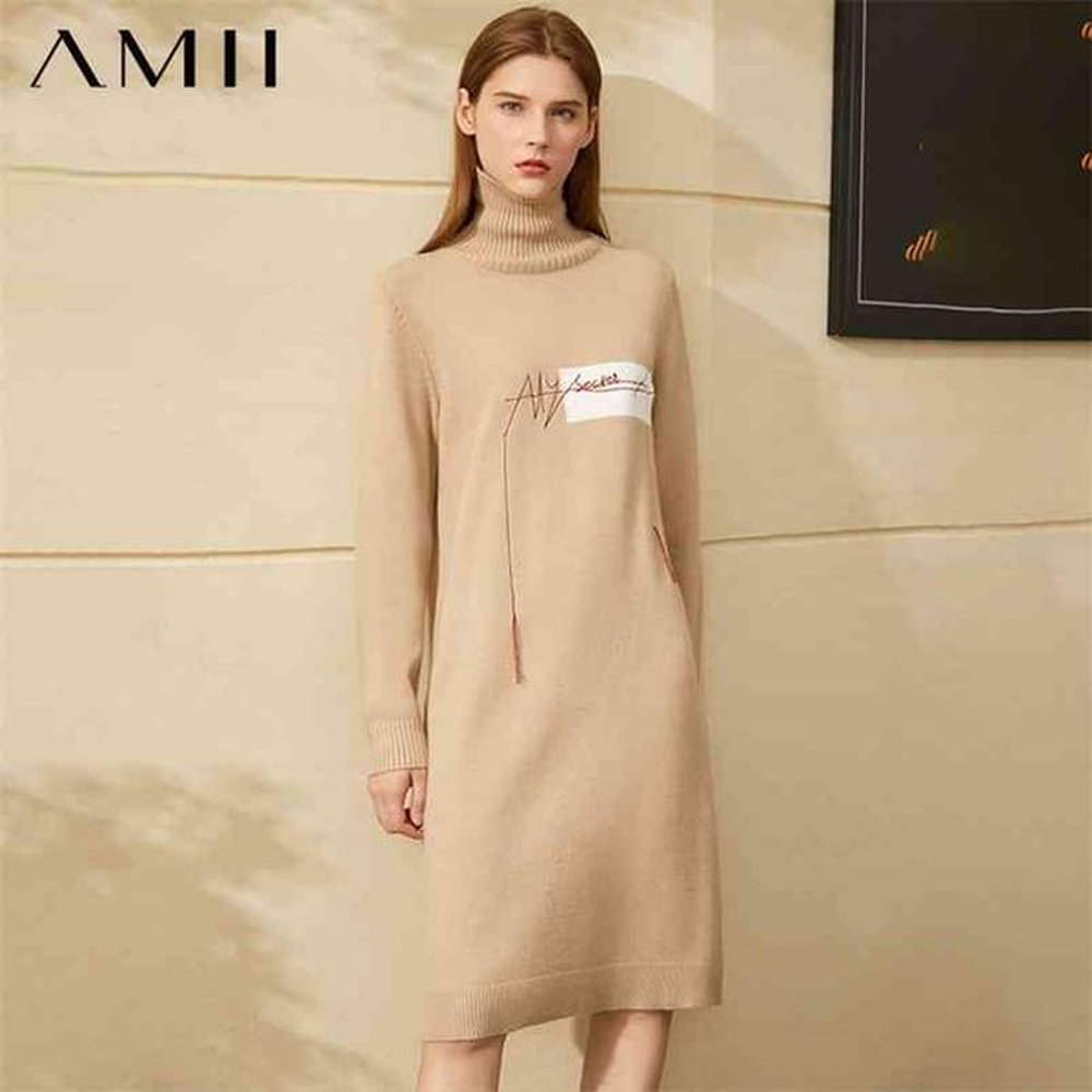 minimalism winter fashion sweater dress causal letter womens turtleneck aline