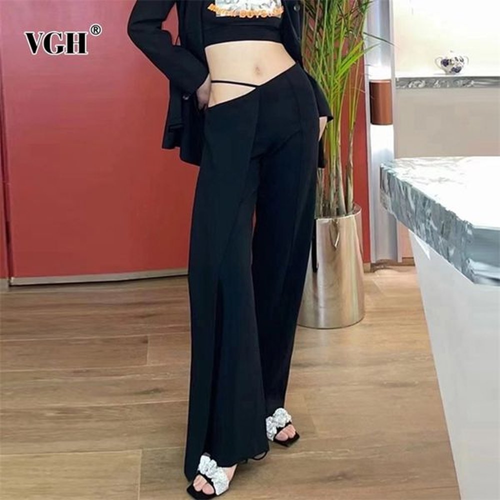 minimalist black asymmetrical pant for women high waist full length
