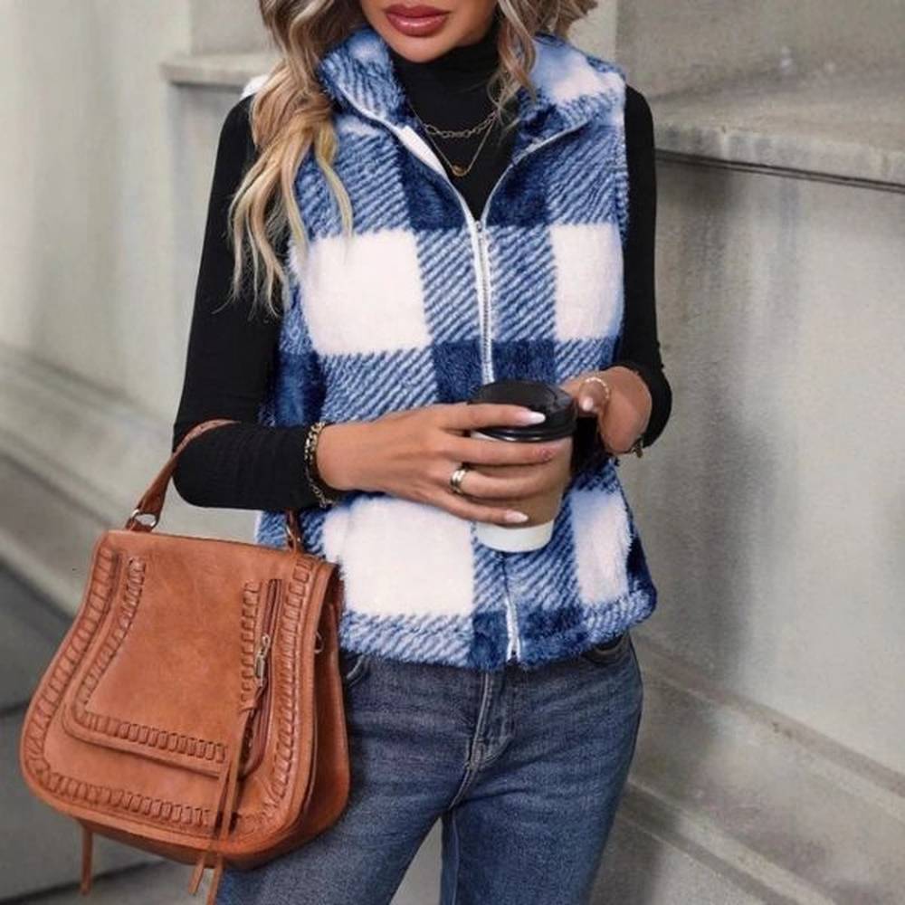 minimalist casual plush vest cardigan sleeveless pocket plaid jacket for