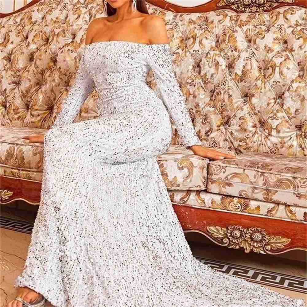 missord sexy off shoulder elegant sequin evening party blue dress