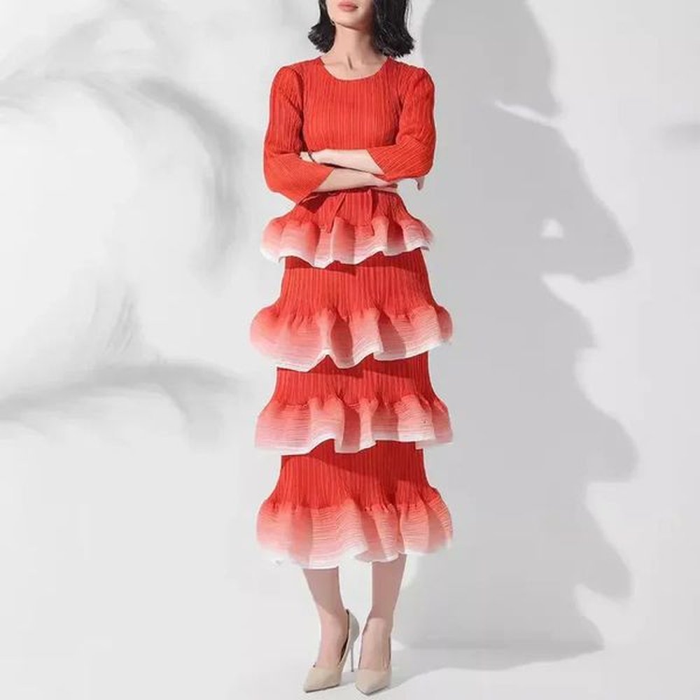miyake midlength dress gradient tiered skirt ruffled hem drawstring detail