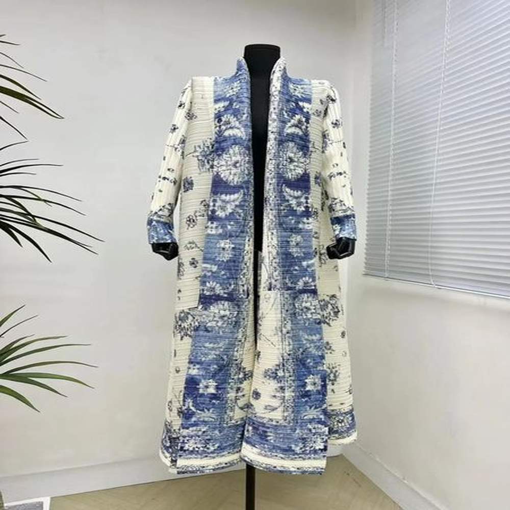 miyake pleated womens long cardigan windbreaker coat autumn ethnic style