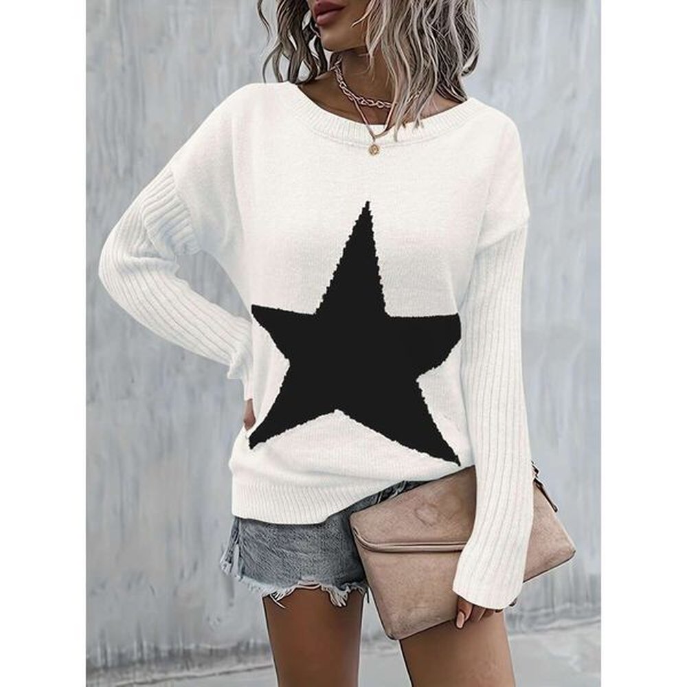 miyouj oneck pullover star printed knitted sweater womens casual top