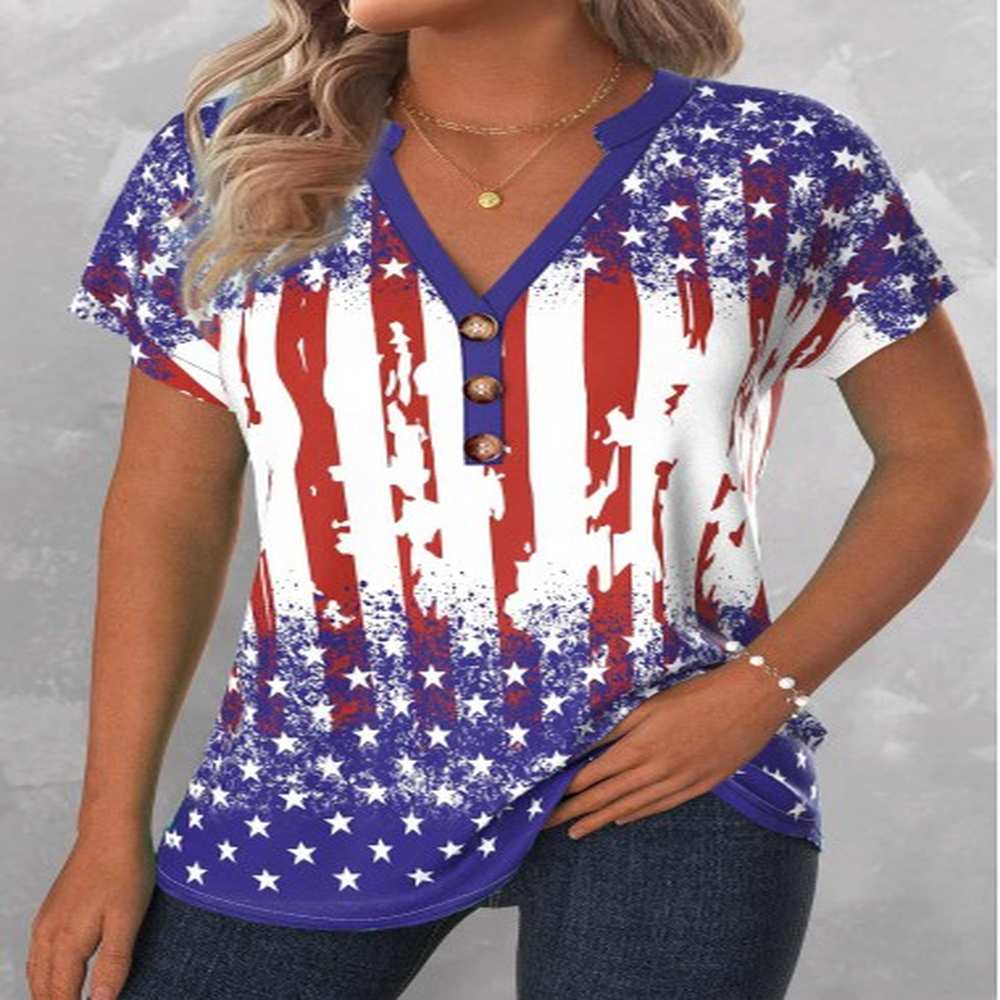 modlily american flag blue button short sleeve split neck blouse