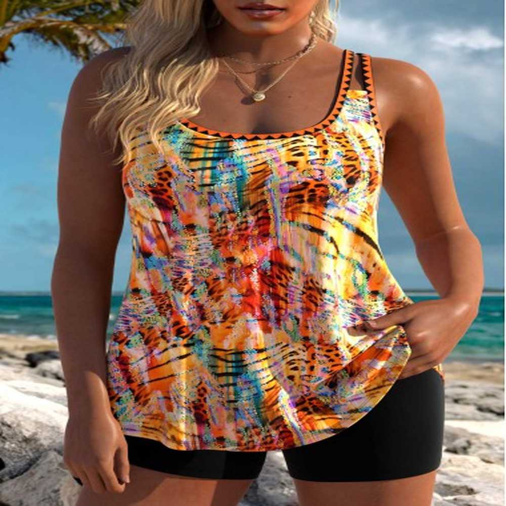 modlily animal print orange scoop neck tankini top xl