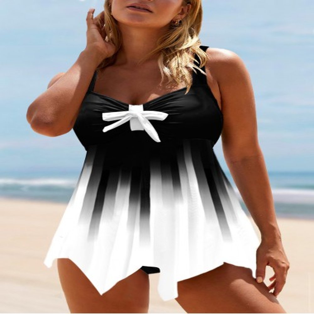 modlily asymmetric hem color block bowknot swimdress top s