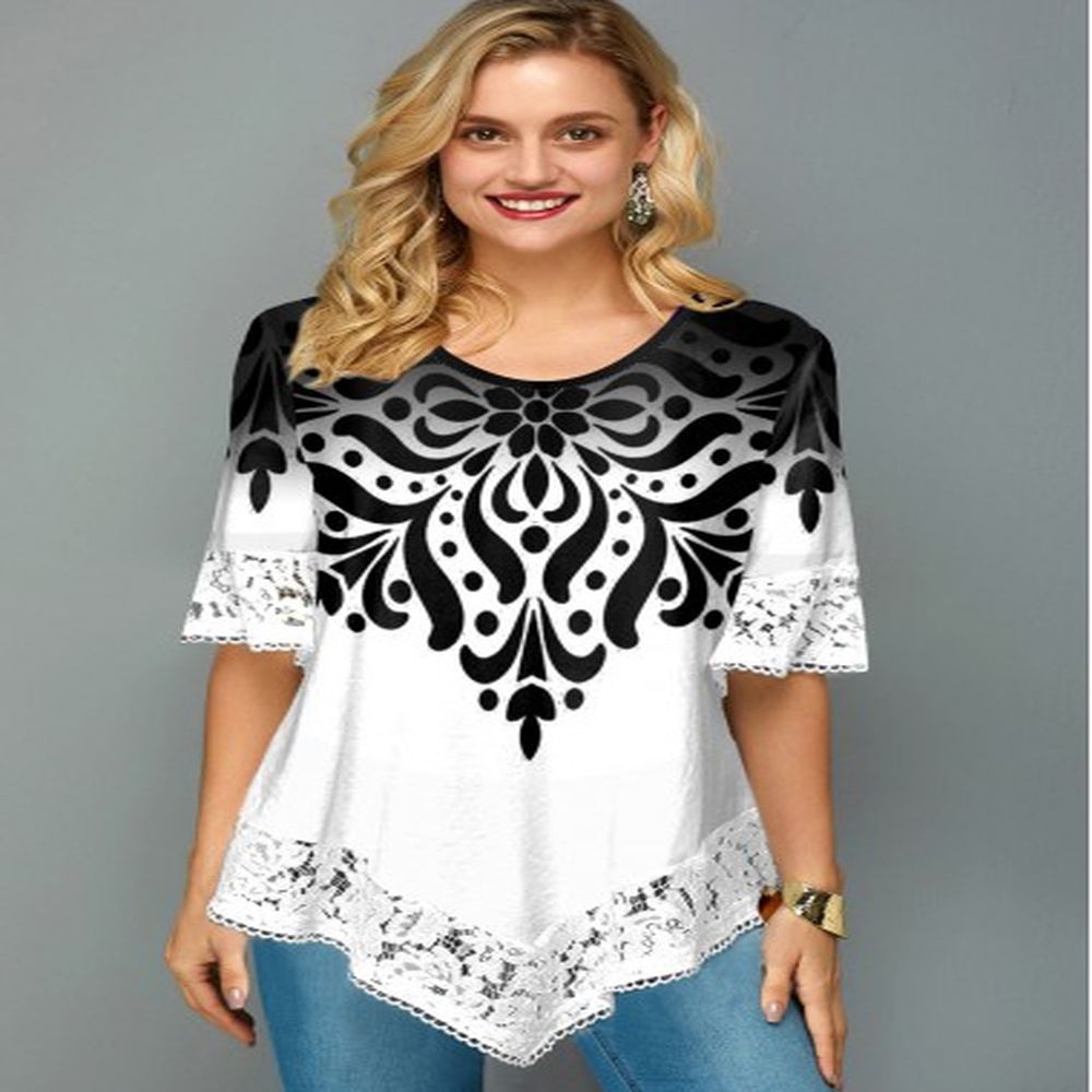 modlily asymmetric hem lace trim printed t shirt s