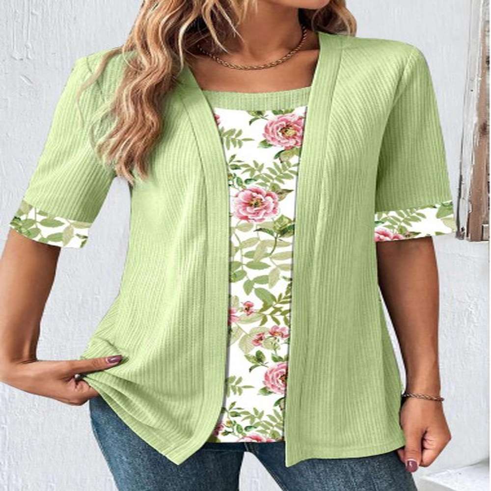 modlily avocado green patchwork floral print fake two piece twinset