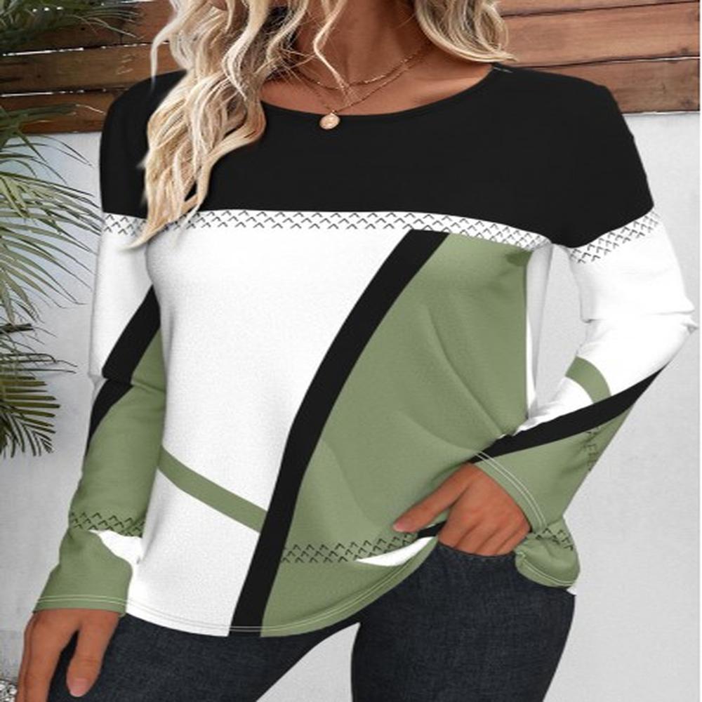 modlily avocado green patchwork geometric print long sleeve t shirt