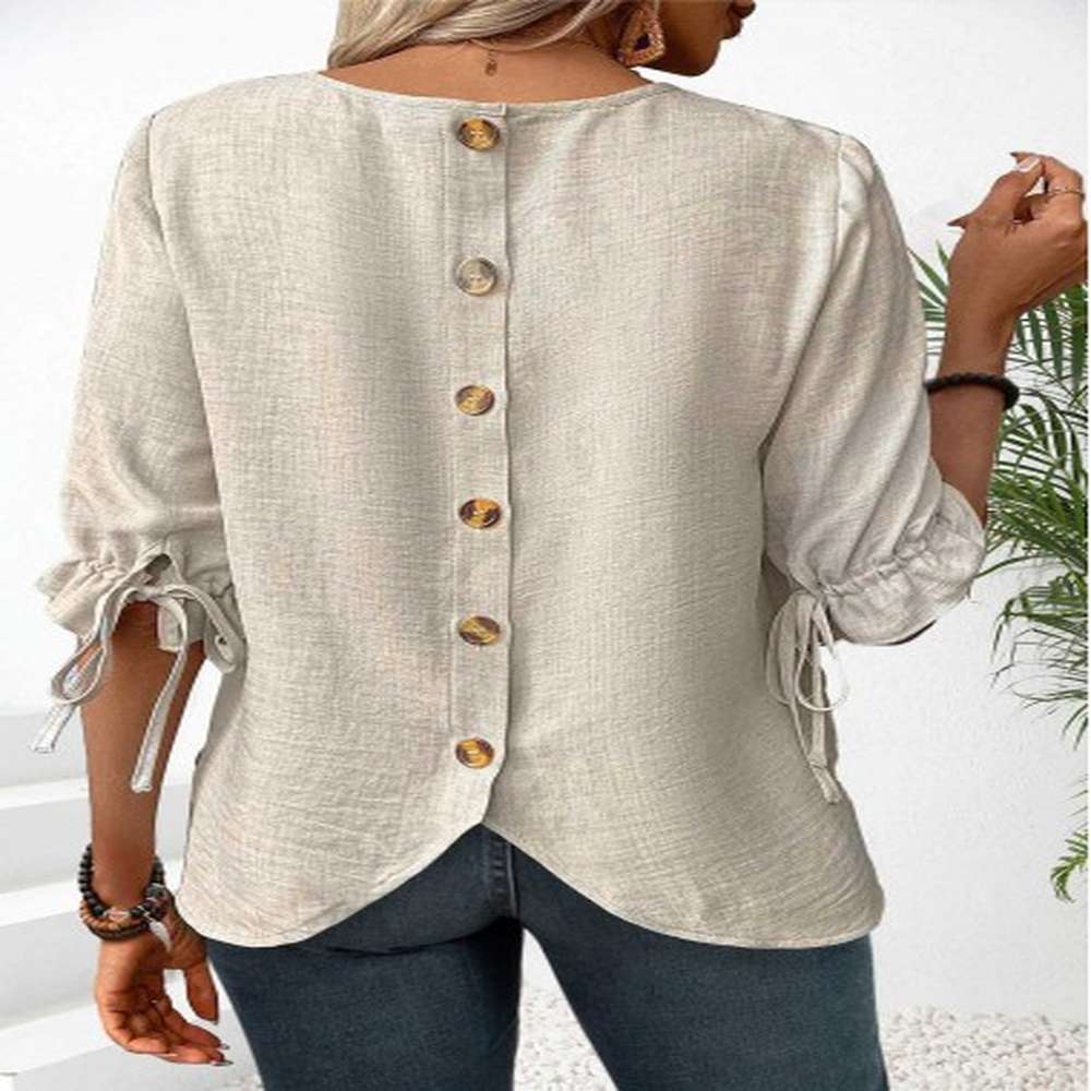 modlily beige button half sleeve round neck blouse l