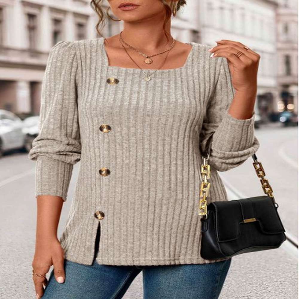 modlily beige button long sleeve square neck t shirt