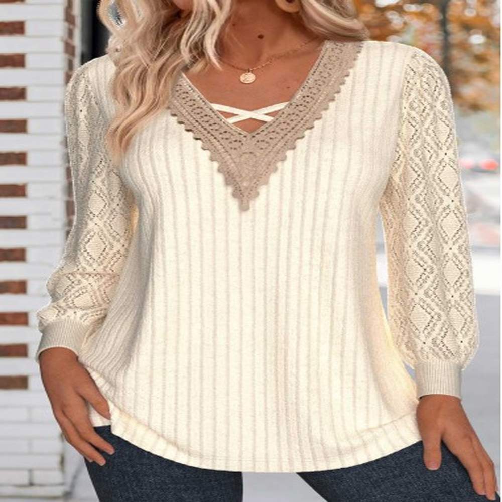 modlily beige criss cross long sleeve v neck t shirt