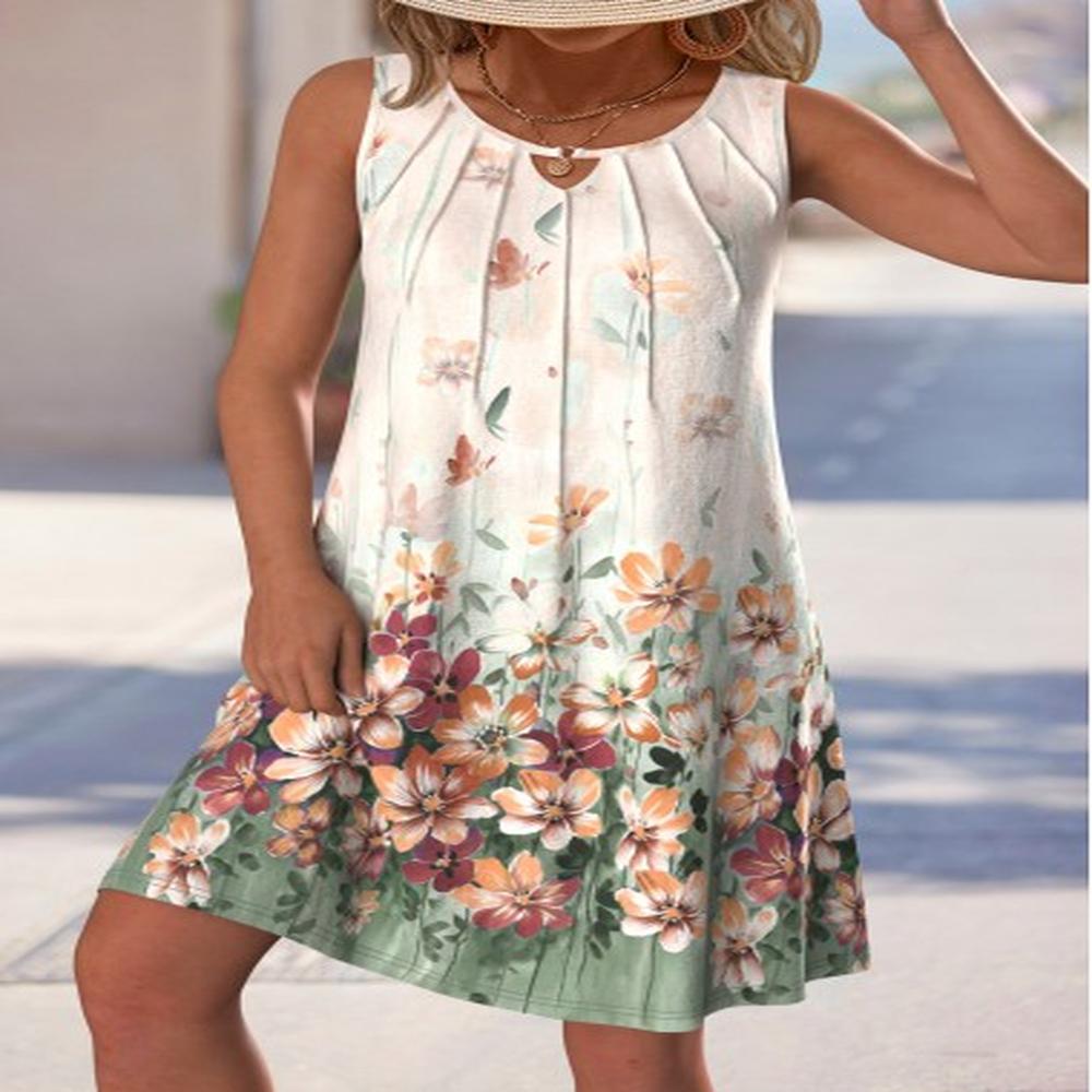 modlily beige cut out floral print a line sleeveless dress