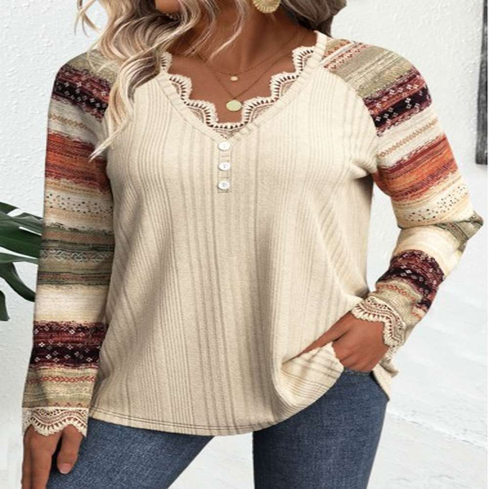 modlily beige embroidery striped long sleeve v neck t shirt