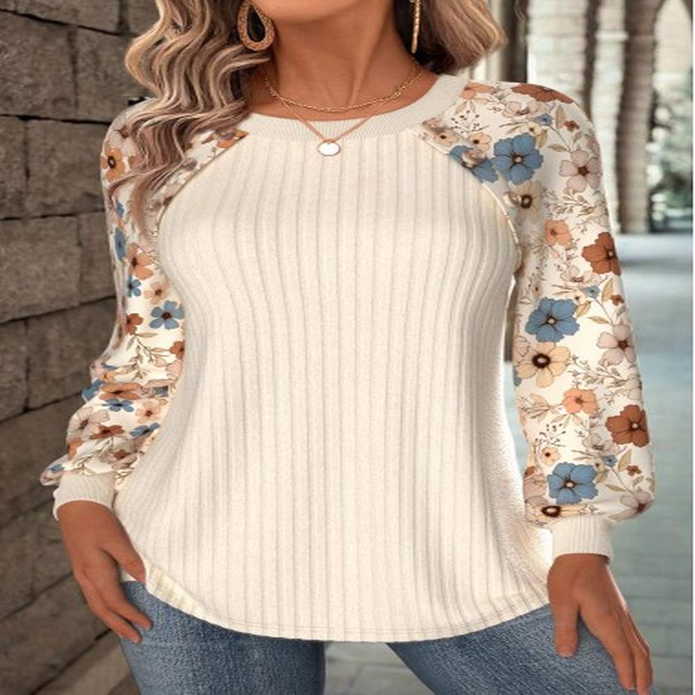 modlily beige floral print long sleeve round neck sweatshirt