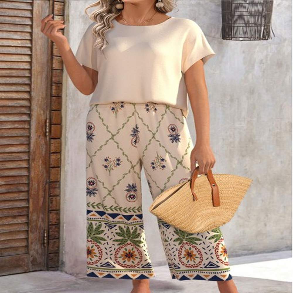 modlily beige fruit printing ankle length short sleeve top
