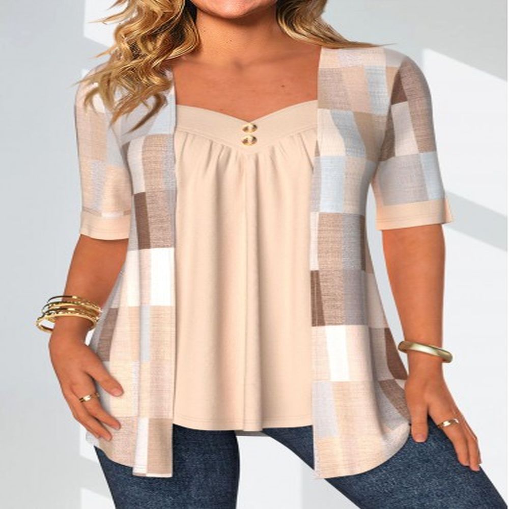 modlily beige geometric print half sleeve fake two piece twinset