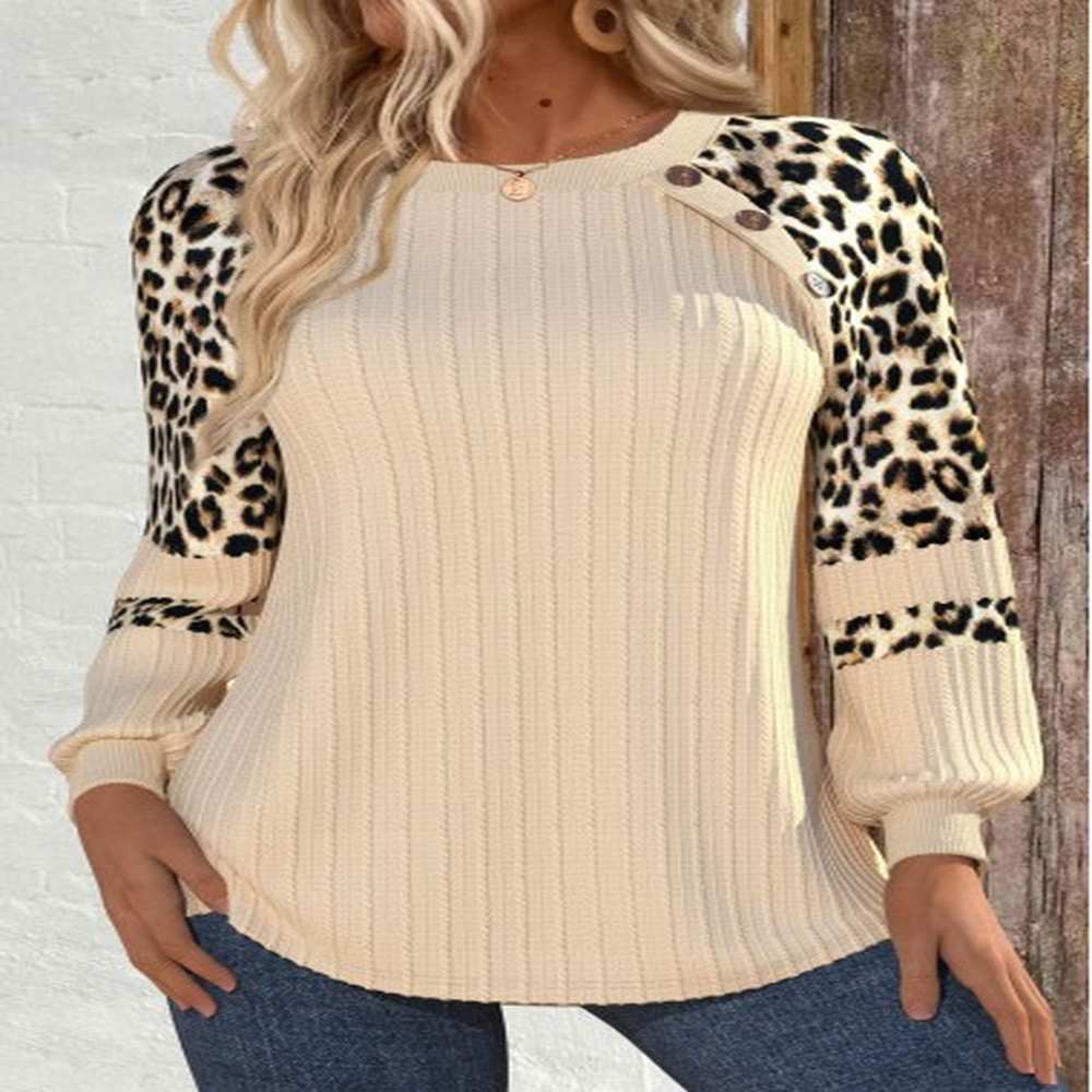 modlily beige patchwork leopard long sleeve round neck sweatshirt