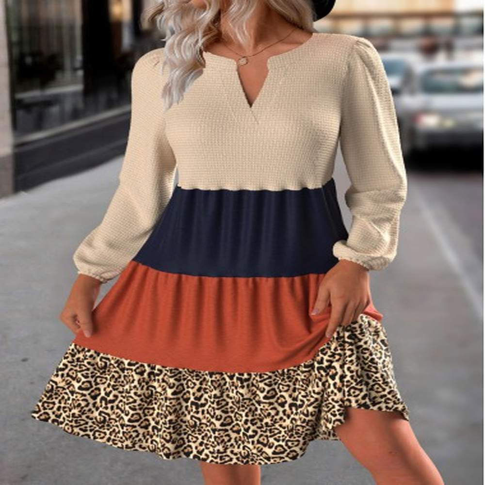 modlily beige patchwork leopard long sleeve split neck dress