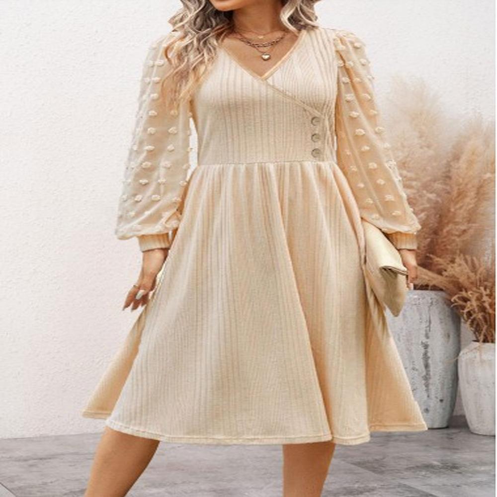 modlily beige patchwork long sleeve v neck dress xxl