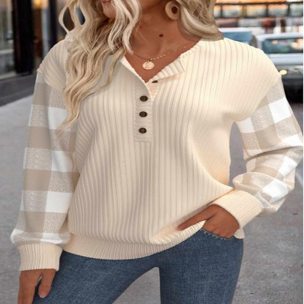 modlily beige patchwork plaid long sleeve round neck sweatshirt