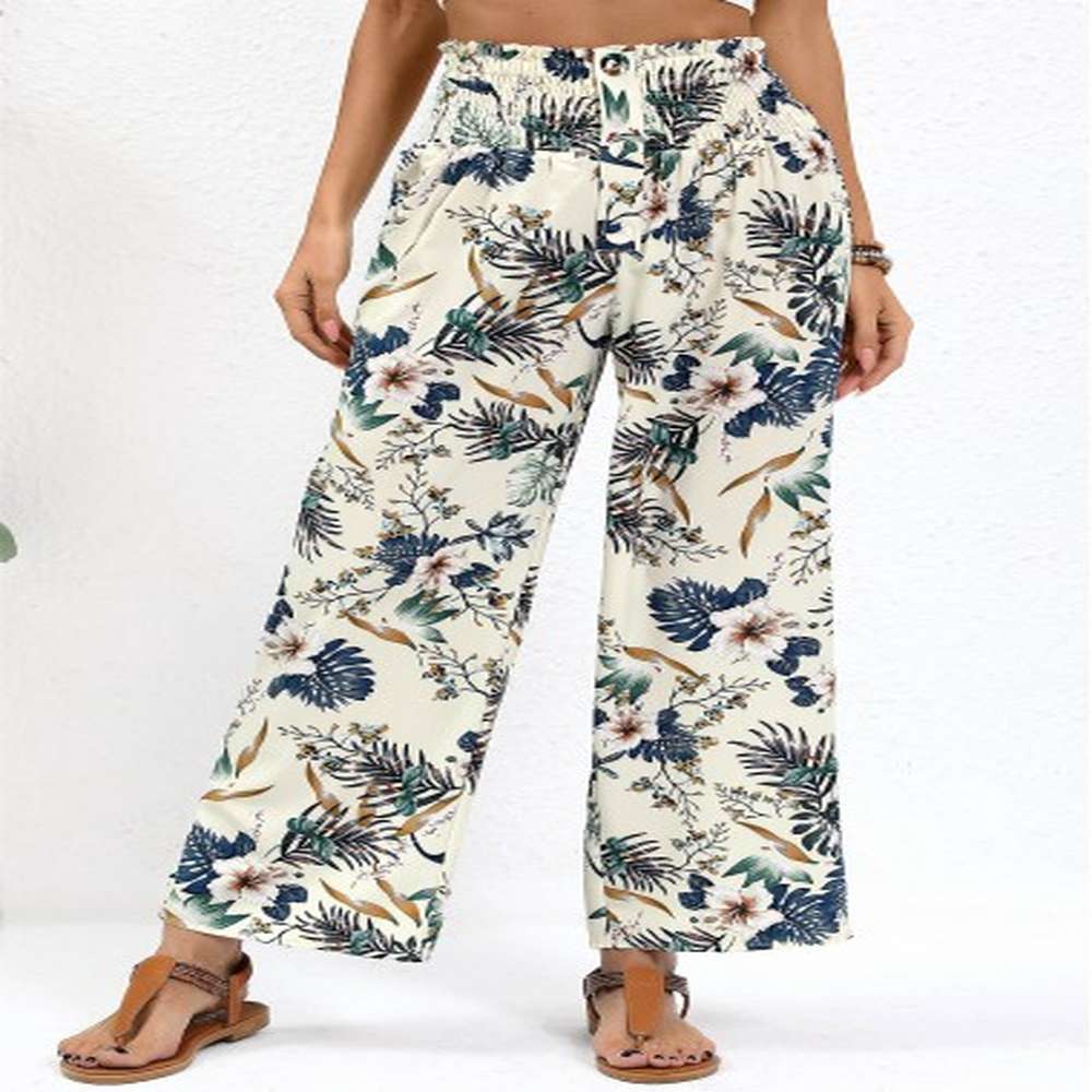 modlily beige plants print straight leg elastic waist pants