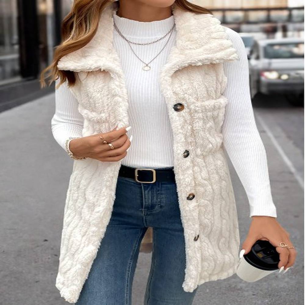 modlily beige plush sleeveless turn down collar waistcoat s