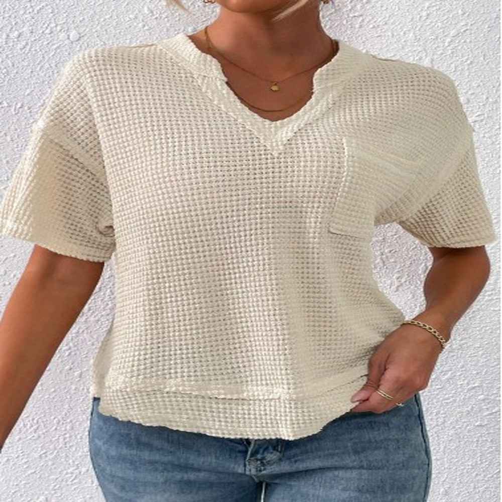 modlily beige pocket short sleeve split neck t shirt