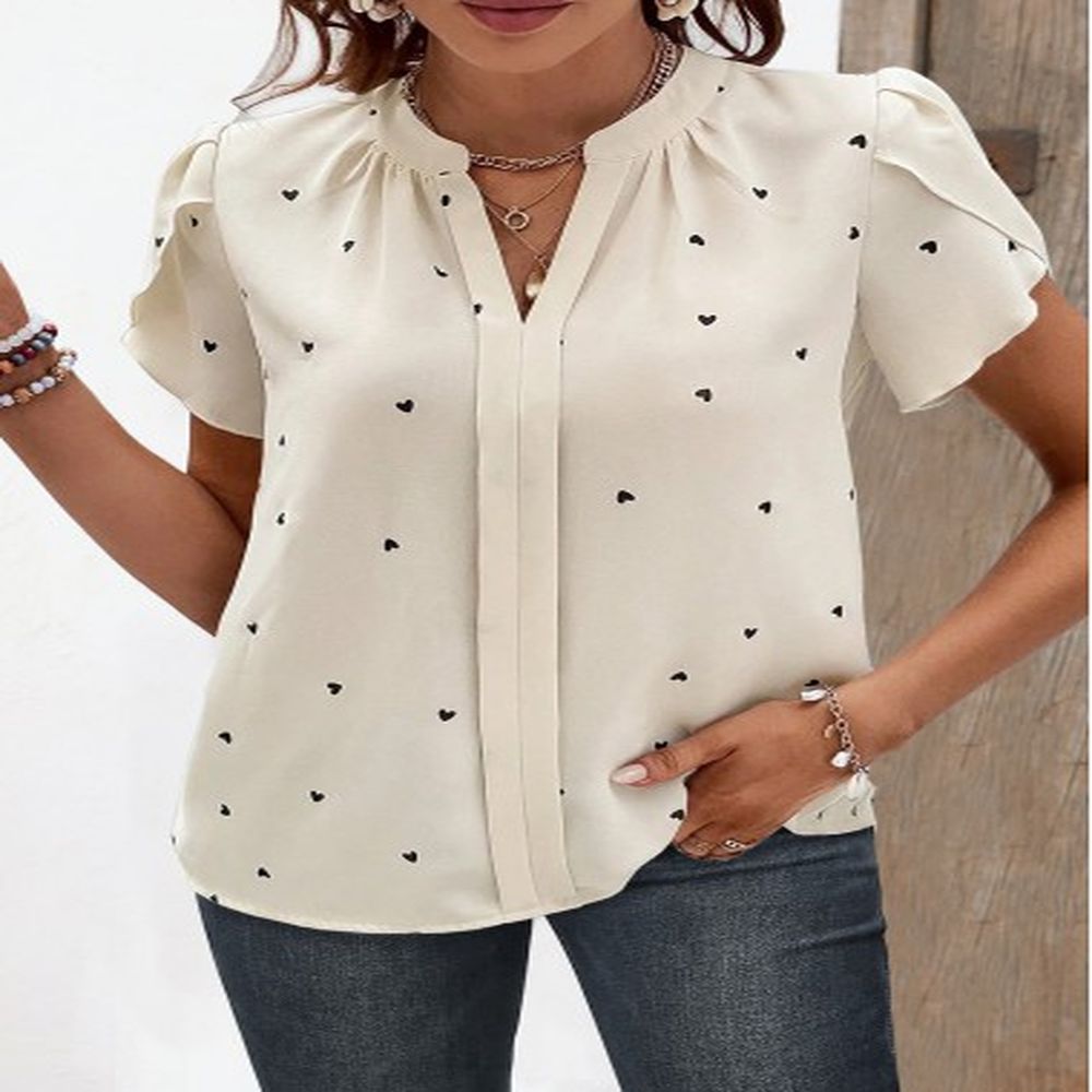 modlily beige ruched heart print short sleeve split neck blouse