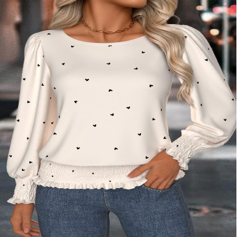 modlily beige smocked heart print long sleeve t shirt